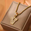 Gold plated 18K rope chain necklace with iced out cubic zirconia letter V pendant - Letter V / Gold