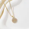 Gold plated letter M round pendant necklace with sparkling cubic zirconia on box chain - Letter M