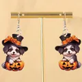 Schattige Halloween-acryl oorbellen met een hond in een pompoen en een hoge hoed - Strik Pompoen Hond (Stijl B)