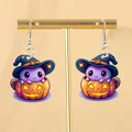 Halloween acryl oorbellen met paarse octopus in een pompoenbeker en blauwe heksenhoed - Heksenhoed Paars Wezen (Stijl D)