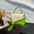 Fashionable crossbody bag in neon green leather with beige straw texture and gold trim - Green