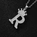 Silver crown initial R pendant necklace with cubic zirconia on black leather background - Silver Letter R Pendant Only (Without Chain)