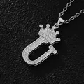 Hip hop silver necklace featuring a crown-topped letter U pendant with micro-paved zircons - Silver Letter U Pendant Only (Without Chain)