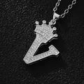 Hip hop crown initial V pendant necklace with white cubic zirconia and silver finish - Silver Letter V Pendant Only (Without Chain)