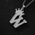Hip hop crown initial W pendant necklace in silver finish with sparkling zircons - Silver Letter W Pendant Only (Without Chain)