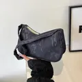 Chic black hobo shoulder bag with gray bamboo leaf prints and zipper closure for women - Black