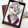 Floral faux silk neck scarf for women with elegant purple blooms on a display tray - Printed Square Scarf / Purple Ditsy Floral (27)