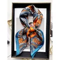 Elegant paisley square silk scarf with vibrant orange and blue chain pattern for women - Orange Blue Paisley Style