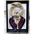 Elegant silk scarf with gold chain and horsebit pattern in navy, ivory and orange - Navy White Horsebit Style