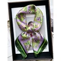 Silky green square scarf featuring purple floral print and dark green striped borders - Fresh Green Purple Floral Style