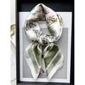 Floral butterfly print silk scarf with olive green striped edge and smooth texture - Olive Green Butterfly Floral Style