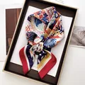 Classic silk-like scarf with vintage abstract art print and deep red borders - Red Blue Yellow Abstract Floral Style (21)