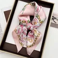 Detailed close-up of pink tulip and golden chain print on a premium satin square scarf - Pink Tulip Chain Style (12)