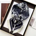 Navy blue Toile de Jouy silk-like square scarf with retro botanical prints in a gift box - Navy Vintage Pastoral Landscape Style (9)