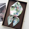French style floral silk scarf with hand-painted blue and pink flowers on white fabric - White Green Leaves Blue Pink Floral Style (15)