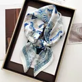 Elegant ivory silk square scarf featuring blue floral patterns and gold accents - Ivory Blue Classical Floral Style (25)