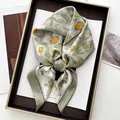 Elegant sage green floral silk scarf with daisy pattern and black polka dot border - Bean Green White Daisy Style (26)