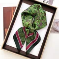 Silk-like satin square scarf with green paisley print and retro border in a gift box - Green