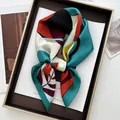 Silk square scarf with abstract flower pattern in orange and cyan on magazine background - Multicolor Geometric Leaf Style (39)