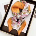 Elegant floral chain print square silk scarf with orange border and satin finish - Orange Border Tulip Chain Style (13)