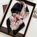 Elegant silk-like scarf featuring pink lilies and golden chain prints on a black border - Black Border Lily Chain Style (14)