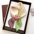 Detail view of gradient silk-like satin square scarf with rolled edges and soft luster - Multicolor Gradient (12)