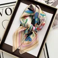 Champagne floral square silk scarf with vibrant flower prints and striped borders - Champagne Base Floral Stripe Style (27)