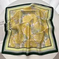 Elegant 70cm square silk scarf with yellow floral print and green geometric border - Emerald Green