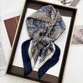 Vintage paisley silk scarf in navy blue and tan tones tied for hair or neck styling - Blue and Brown Paisley Style (27)