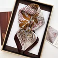 Elegant silk-feel square scarf with leopard and floral prints in a premium gift box - Printed Square Scarf / Leopard Jungle Leaf (22)