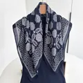 Detail of navy cotton linen scarf with white floral lace pattern on dark blue shirt - Navy White Mandala Floral Style (Style 18)