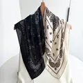 Detail of herringbone paisley pattern on vintage black and white silk square scarf - Black White Beige Brown Paisley Style (Style 24)