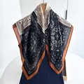 Retro paisley pattern square silk scarf in black and beige with caramel contrast border - Black Beige Retro Paisley Style (Style 17)
