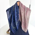 Classic paisley silk scarf in navy and taupe color block design hanging on a wooden hanger - Blue Taupe Patchwork Paisley Style (Style 25)
