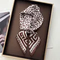Elegant leopard and geometric print faux silk square scarf in a golden display box - Leopard Dark Brown Geometric Greek Key Style (29)