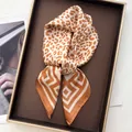 Chic leopard print silk square scarf with geometric patterns on a luxury display tray - Orange Brown Beige Leopard Geometric Patch (31)
