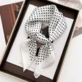 Elegant white satin square scarf with black polka dots displayed in a premium gift box - White Polka Dot Style (3)