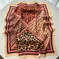 Elegant silk-like square scarf featuring geometric leopard print and stripe patterns - Orange Coffee Beige Leopard Stripe Polka Dot (40)