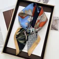 Elegant floral 70cm square silk scarf with blue and orange botanical prints and grid pattern - Color Block Floral Wave Style (8)