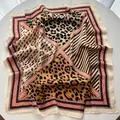 Silk-like square scarf featuring geometric leopard print with brown and orange tones - Orange Brown Leopard Diagonal Stripe Colorblock (39)