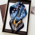 Detail of floral silk scarf with pink tulips and retro chain patterns on a tray - Sky Blue Yellow Tulip Style (13)