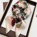 Detailed view of floral satin silk scarf with lily print and beige rolled edges - Light Pink Lily Daisy Style (18)