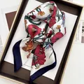 Floral satin silk square scarf with colorful prints and navy blue border on tray - Navy Border Red Yellow Floral Style (19)