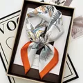 Luxurious floral silk square scarf with orange borders and lily patterns in a gift box - Orange Border Lily Hummingbird Style (21)