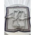 Elegant 70cm square scarf with vintage geometric prints and navy blue border - 70x70cm / Gray (fj32)