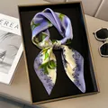Elegant lilac floral silk feeling square scarf with satin finish on leather tray - Violet