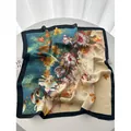 Square silk scarf with magnolia and maple leaf pattern in teal and cream yellow - Dark Green