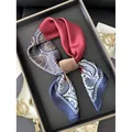 Three-color paisley silk scarf in deep red, navy and bronze gold on black tray - Navy Blue