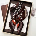 Elegant floral silk satin square scarf with tulip pattern and stripes in a gift box - Dark Coffee Tulip Twill Style (12)