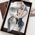 Elegant magnolia silk scarf with floral and polka dot prints on a premium metal tray - Grey Blue Pink Floral Polka Dot Style (33)